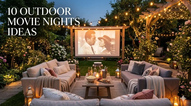 Create a stunning Pinterest-worthy feature image for “10 Backyard Movie Nights Ideas”. A magical backyard outdoor cinema scene during a warm summer evening, featuring a large white movie screen displaying a cozy movie scene, comfortable lounge chairs with soft blankets, oversized cushions, glowing string lights hanging above, lanterns and candles creating a dreamy atmosphere, a wooden table filled with popcorn, snacks, and refreshing drinks. Surround the area with lush green plants, flowers, and a beautifully decorated backyard. Use warm golden lighting, soft ambient glow, luxury cozy aesthetic, realistic professional photography style, ultra-sharp details, crystal clear focus, HDR quality, cinematic depth, natural colors, elegant composition, and a viral Pinterest “stop scrolling” look. Add stylish readable text overlay saying “10 Backyard Movie Nights Ideas” in a modern elegant font. Avoid blur, avoid low quality, avoid distorted objects, make every detail highly realistic and premium. Aspect Ratio: 16:9 Landscape Style: Ultra-realistic photography | Warm light | Cozy luxury Pinterest aesthetic | High resolution (8K)