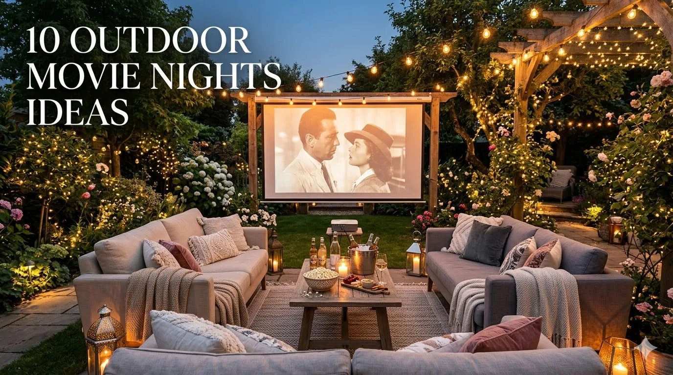Create a stunning Pinterest-worthy feature image for “10 Backyard Movie Nights Ideas”. A magical backyard outdoor cinema scene during a warm summer evening, featuring a large white movie screen displaying a cozy movie scene, comfortable lounge chairs with soft blankets, oversized cushions, glowing string lights hanging above, lanterns and candles creating a dreamy atmosphere, a wooden table filled with popcorn, snacks, and refreshing drinks. Surround the area with lush green plants, flowers, and a beautifully decorated backyard. Use warm golden lighting, soft ambient glow, luxury cozy aesthetic, realistic professional photography style, ultra-sharp details, crystal clear focus, HDR quality, cinematic depth, natural colors, elegant composition, and a viral Pinterest “stop scrolling” look. Add stylish readable text overlay saying “10 Backyard Movie Nights Ideas” in a modern elegant font. Avoid blur, avoid low quality, avoid distorted objects, make every detail highly realistic and premium. Aspect Ratio: 16:9 Landscape Style: Ultra-realistic photography | Warm light | Cozy luxury Pinterest aesthetic | High resolution (8K)