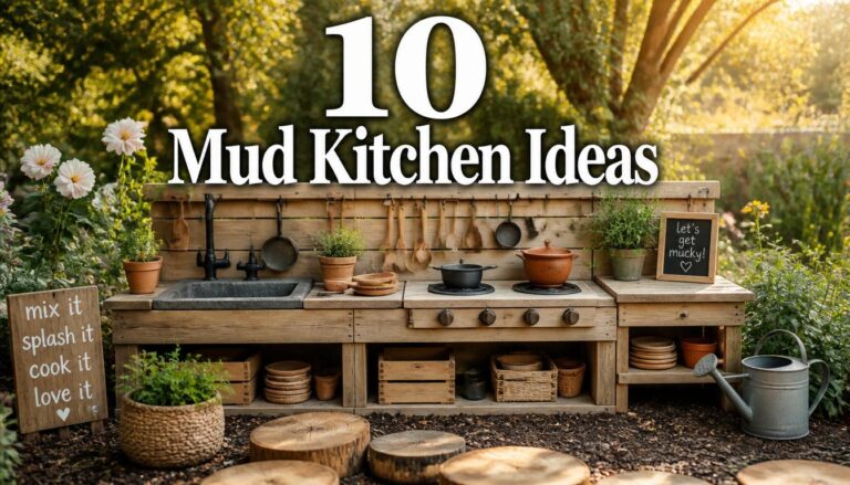 Create a high-resolution, ultra-realistic photography-style feature image for a Pinterest blog titled: “10 Mud Kitchen Ideas for Kids Outdoor Play” The scene should show a beautiful, cozy outdoor mud kitchen setup for children, designed in a natural garden environment. Include wooden play kitchen, small clay pots, tiny utensils, stone sink, plants, herbs, and soft earthy textures. The environment should feel warm, creative, and educational. Use a warm and soft light tone, golden hour lighting with natural sunlight filtering through trees. The colors should be earthy, natural greens, browns, beige, and soft wood tones. Style should be: Ultra realistic photography Sharp focus, no blur High detail textures (wood, soil, leaves, clay) Depth of field like professional DSLR camera Cinematic composition Clean, aesthetic, Pinterest-style “stop scrolling” look Add bold, elegant text overlay on image: 👉 “10 Mud Kitchen Ideas” Text style: Modern clean font White or soft cream color Slight shadow for readability Balanced placement (center or top-center) Must look premium and magazine-style Overall mood: Calm, playful, creative childhood outdoor learning space Cozy, aesthetic, and inspiring Highly clickable Pinterest cover image