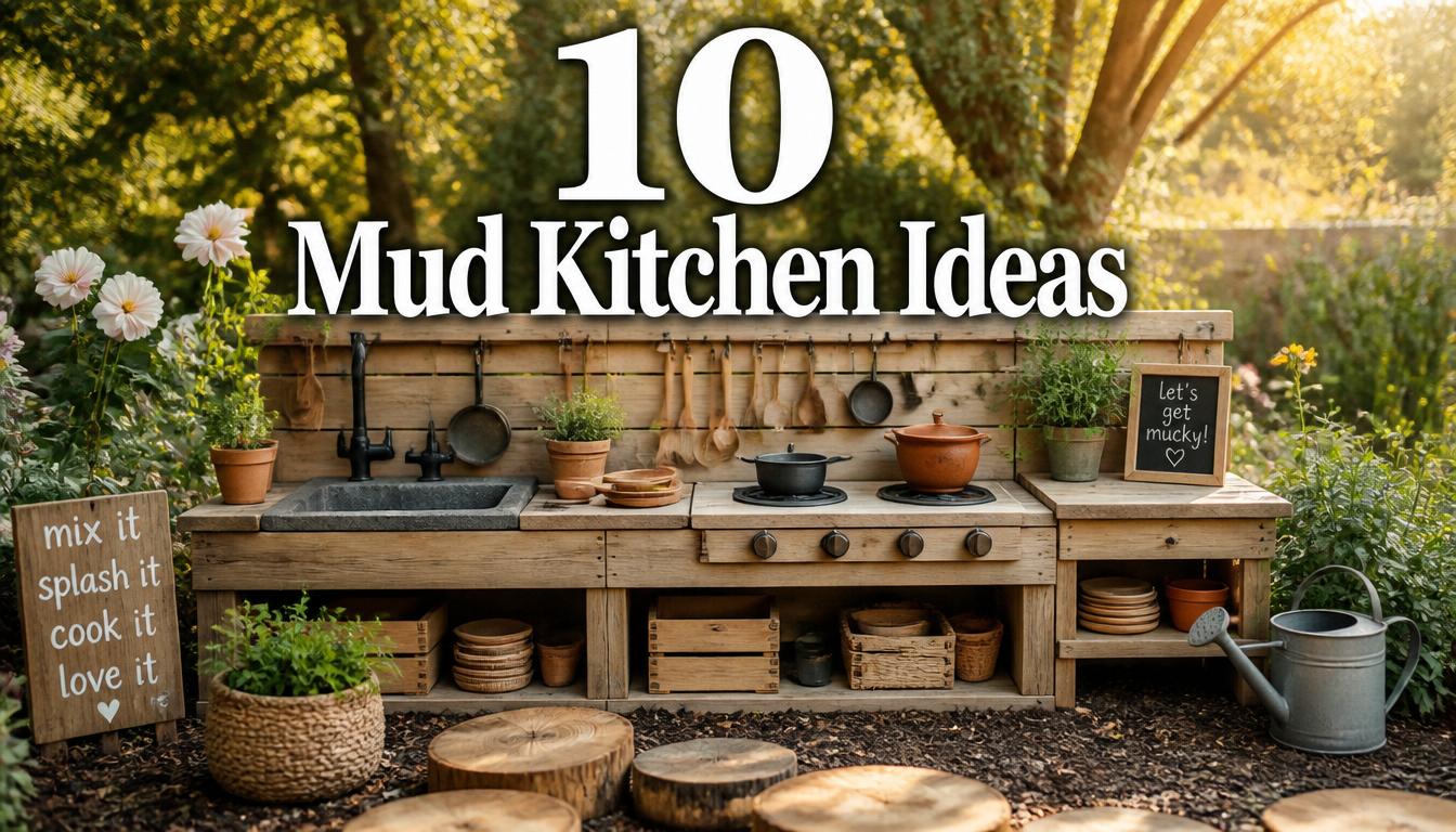 Create a high-resolution, ultra-realistic photography-style feature image for a Pinterest blog titled: “10 Mud Kitchen Ideas for Kids Outdoor Play” The scene should show a beautiful, cozy outdoor mud kitchen setup for children, designed in a natural garden environment. Include wooden play kitchen, small clay pots, tiny utensils, stone sink, plants, herbs, and soft earthy textures. The environment should feel warm, creative, and educational. Use a warm and soft light tone, golden hour lighting with natural sunlight filtering through trees. The colors should be earthy, natural greens, browns, beige, and soft wood tones. Style should be: Ultra realistic photography Sharp focus, no blur High detail textures (wood, soil, leaves, clay) Depth of field like professional DSLR camera Cinematic composition Clean, aesthetic, Pinterest-style “stop scrolling” look Add bold, elegant text overlay on image: 👉 “10 Mud Kitchen Ideas” Text style: Modern clean font White or soft cream color Slight shadow for readability Balanced placement (center or top-center) Must look premium and magazine-style Overall mood: Calm, playful, creative childhood outdoor learning space Cozy, aesthetic, and inspiring Highly clickable Pinterest cover image